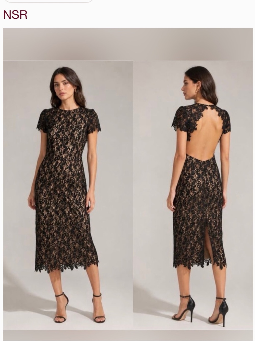 NSR Black Mia Lace Backless Midi Dress with Nude Lining
